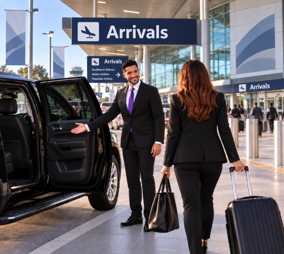 Executive passenger in violet dress stepping out of luxury SUV with chauffeur assisting